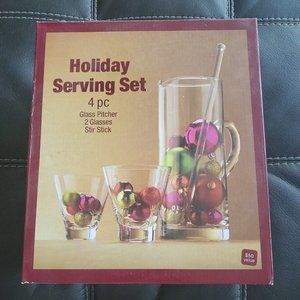 New Ulta Beauty Holiday Serving Set 4PC Glass Pitcher, 2 Glasses, Stir Stick